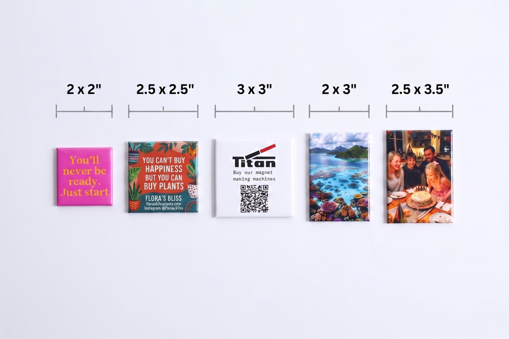 Five finished Titan sample magnets in square and rectangle sizes